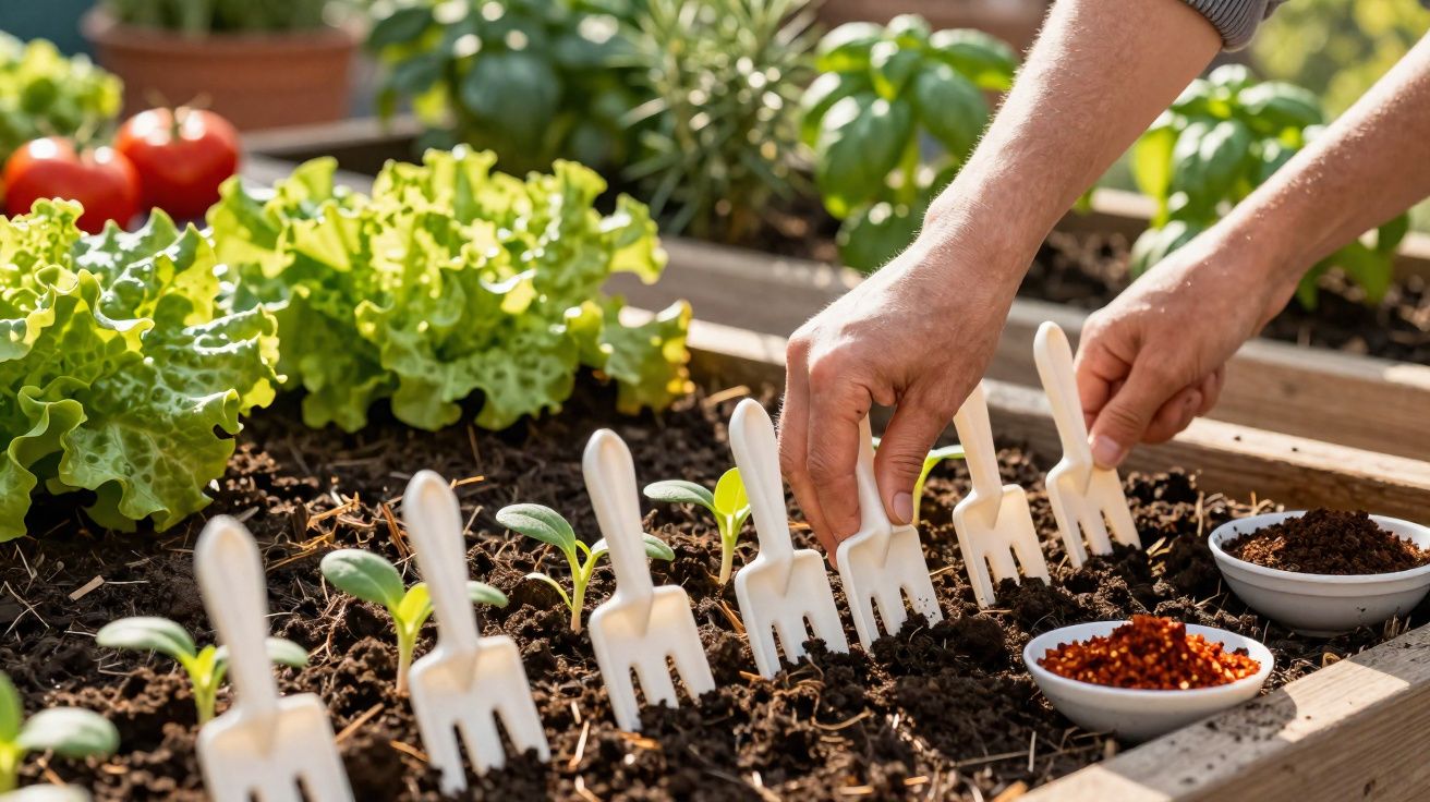 Mãos a plantar sementes em canteiro com pequenas mudas e etiquetas brancas, legumes e especiarias ao fundo.