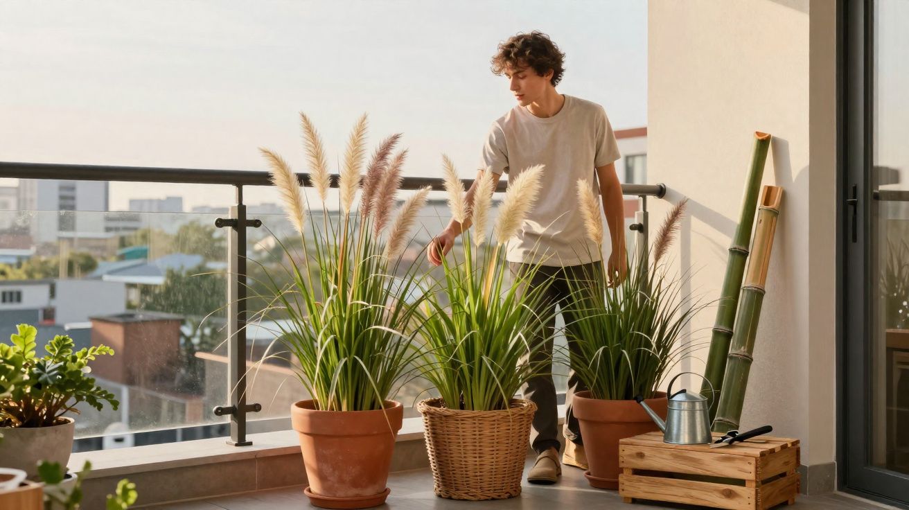 Jovem cuida de plantas em vasos numa varanda urbana com vista para edifícios ao pôr do sol.
