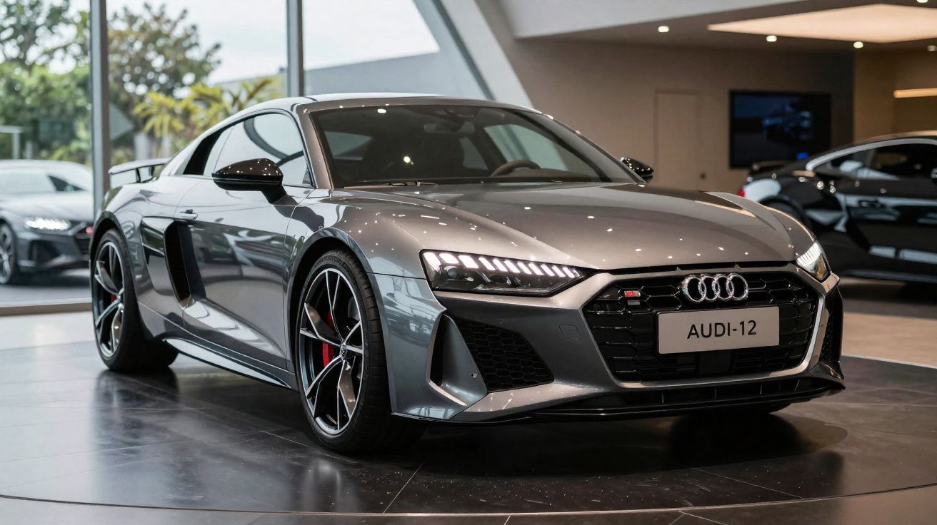 Carro desportivo cinzento Audi estacionado numa sala de exposição com painéis de vidro.