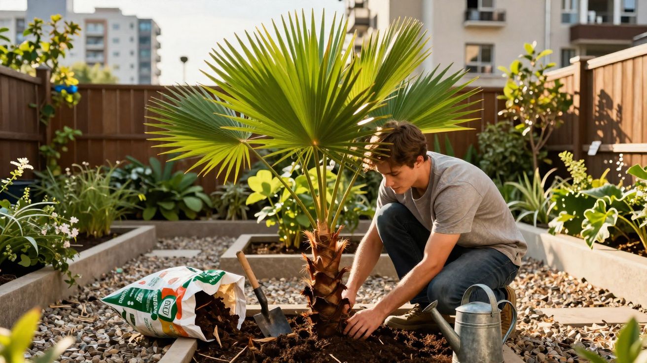 Homem a plantar uma palmeira num jardim urbano com terra, regador e saco de terra à volta.