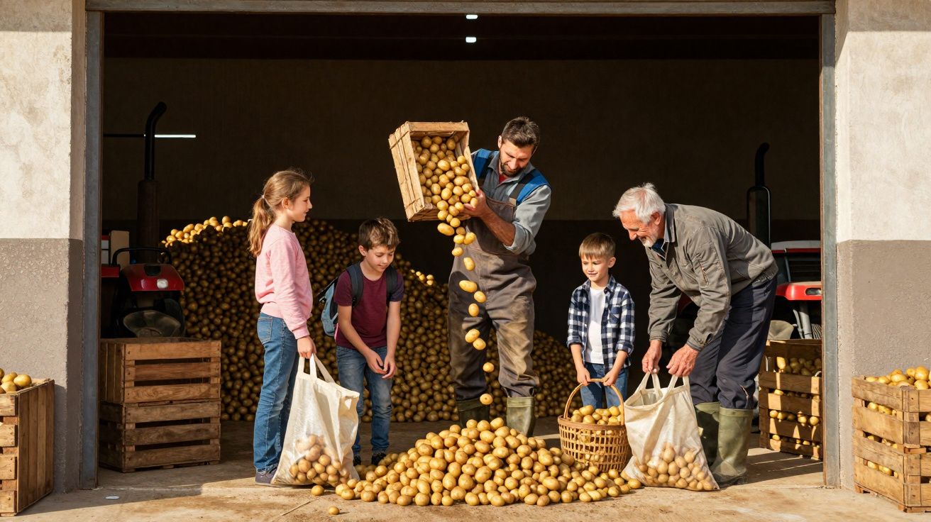 Homem e idoso com três crianças a guardar batatas numa adega de pedra e madeira.