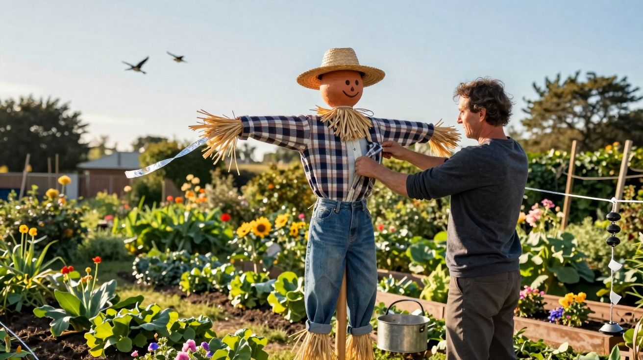 Homem a vestir um espantalho num jardim florido ao entardecer.