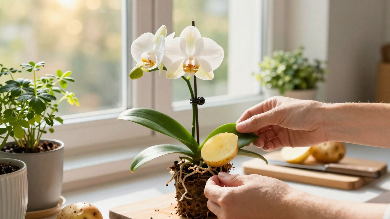 Pessoa a usar batata em planta de orquídea branca perto de janela com outras plantas e utensílios.