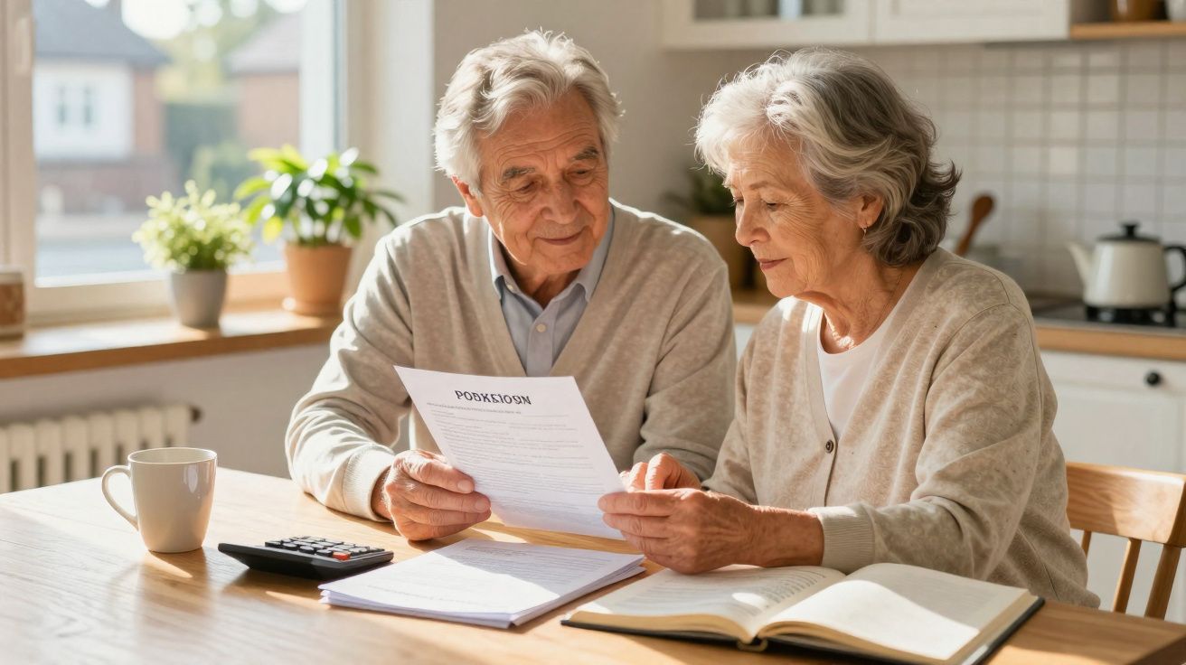 Casal idoso sentado à mesa a analisar documentos financeiros numa cozinha iluminada.