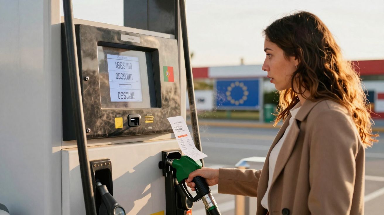 Mulher a abastecer carro numa bomba de gasolina num posto com bandeira de Portugal visível.