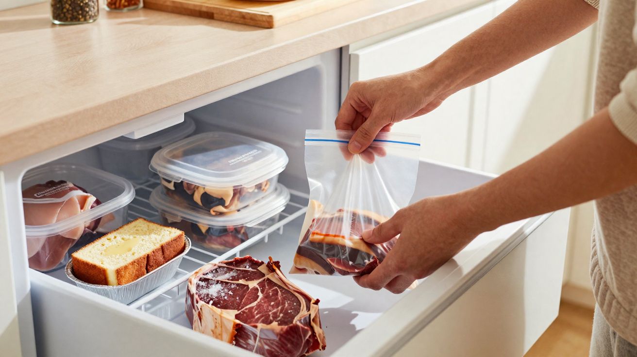 Pessoa guarda fatias de carne numa embalagem reutilizável dentro do frigorífico organizado.