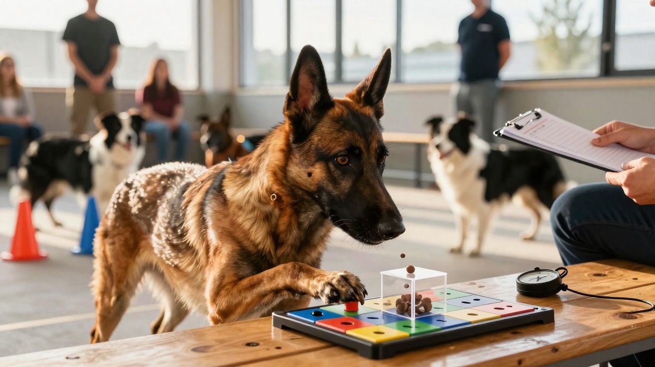Cão pastor alemão participa em treino de obediência e inteligência com labirinto de cores e petiscos.