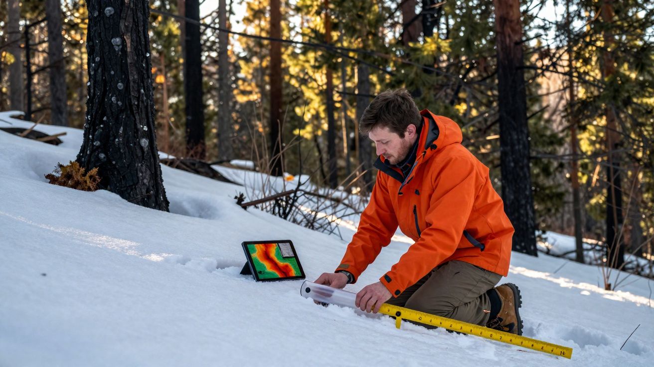 Homem de casaco laranja mede neve num bosque com tablet a mostrar mapa de calor.