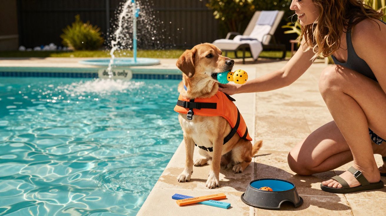 Cão com colete salva-vidas junto à piscina, com brinquedo na boca, e mulher sorridente ao lado.