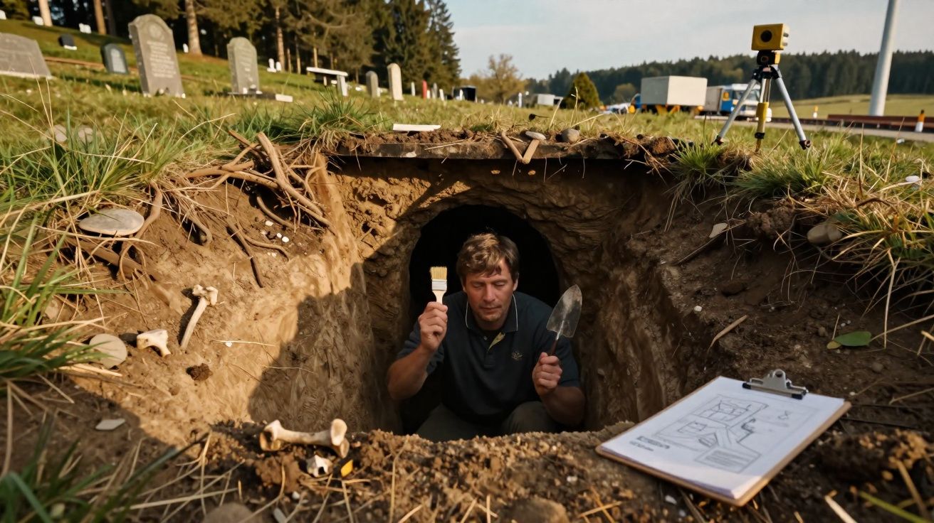 Arqueólogo escava túmulo junto a ossadas com ferramentas e planta desenhada numa prancha.