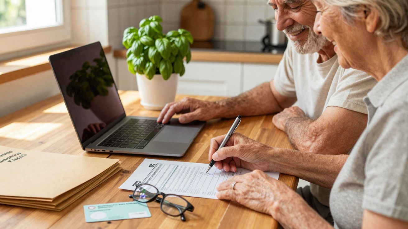 Casal sénior sentado à mesa a preencher documentos com laptop e planta ao fundo.