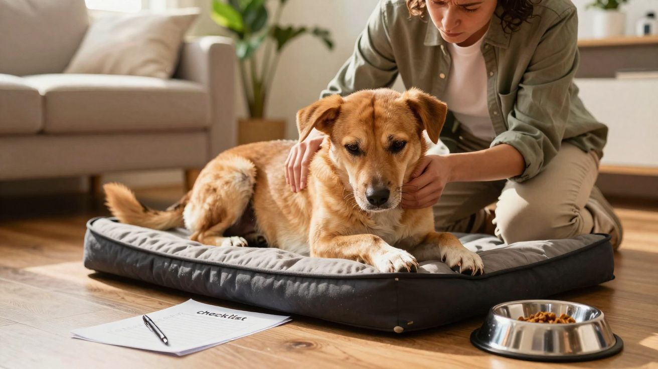 Pessoa a cuidar de um cão castanho deitado numa cama, com um prato de ração e uma lista de tarefas no chão.