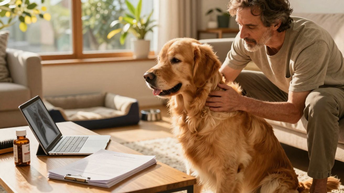 Homem acaricia golden retriever em casa ao lado de computador portátil e documentos numa mesa de centro.