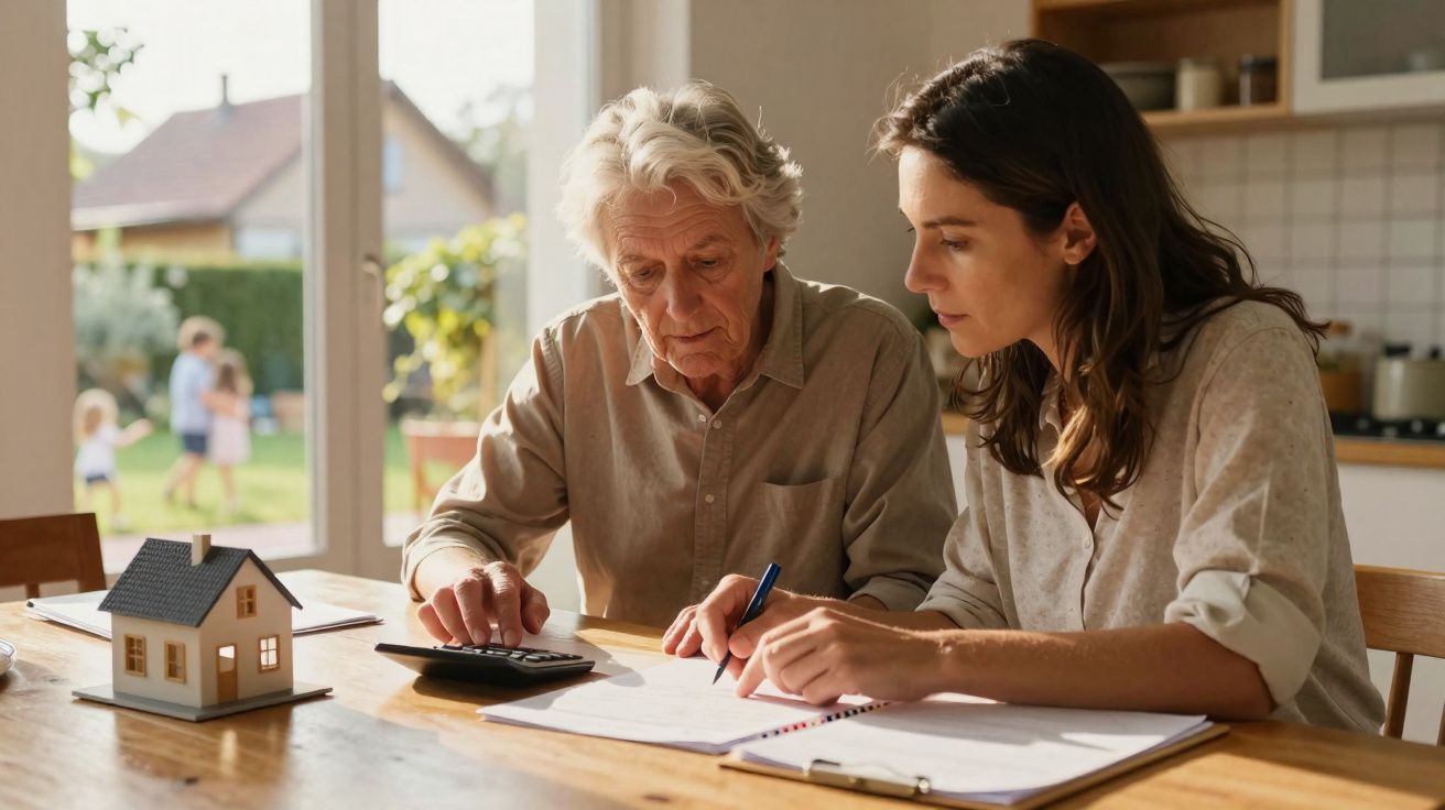 Homem idoso e mulher jovem sentados à mesa a calcular despesas com documentos e casa em miniatura.