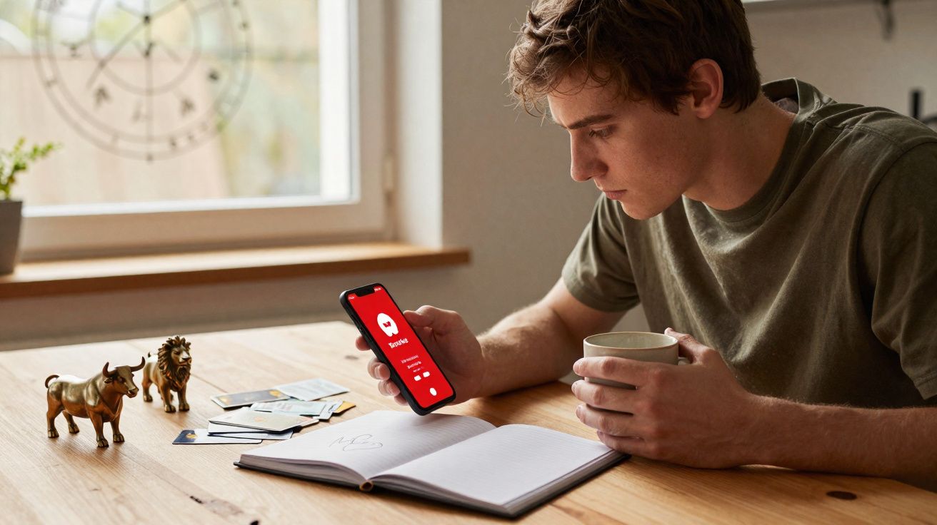 Jovem sentado a olhar para telemóvel com aplicação aberta, segurando caneca, com caderno e estatuetas numa mesa de madeira.
