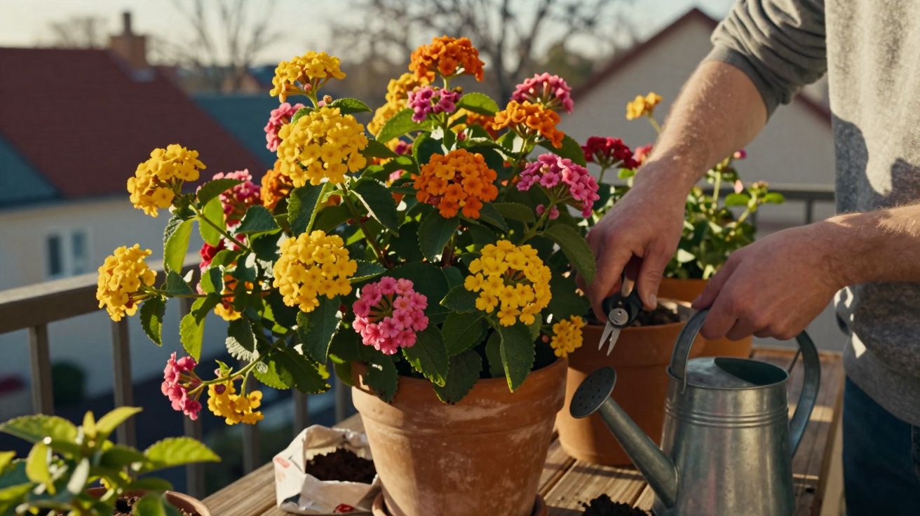 Pessoa a cuidar de plantas com flores coloridas num vaso de barro numa varanda soalheira.