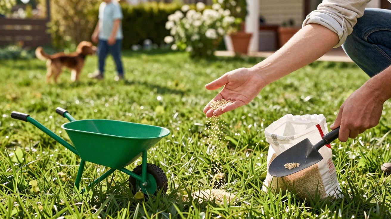 Pessoa a semear sementes num jardim com carrinho de mão verde, criança e cão ao fundo desfocados.