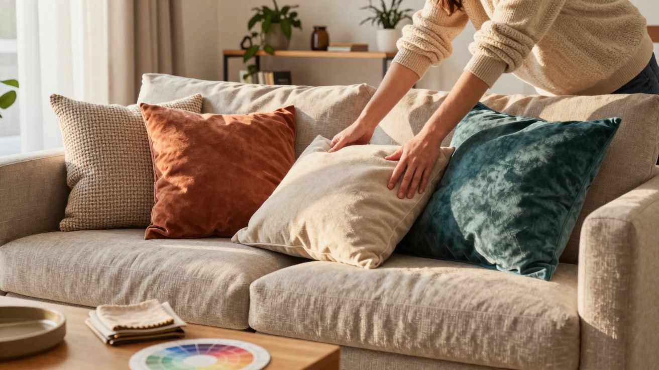 Pessoa a arrumar almofadas coloridas num sofá bege numa sala iluminada pela luz natural.