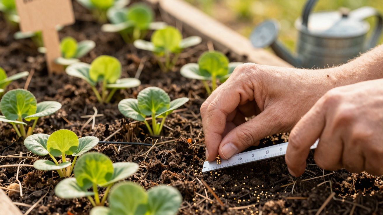 Mãos a semear pequenas sementes no solo de uma horta com plantas jovens e regador ao fundo.