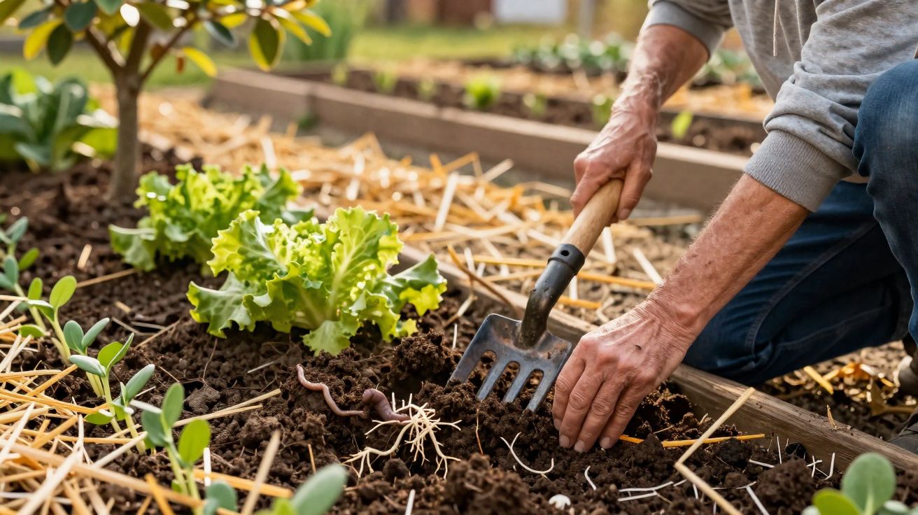 Pessoa a cultivar alface em canteiro de jardim com ancinho e terra fofa.