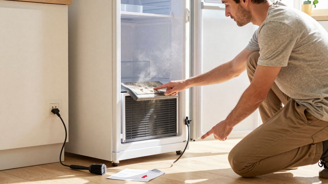 Homem a limpar o filtro de um frigorífico aberto, com vapor a sair e utensílio de limpeza no chão.