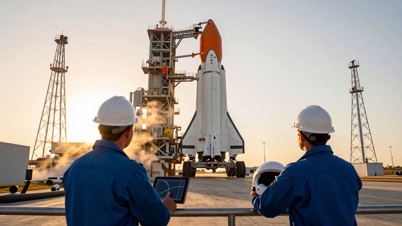 Dois engenheiros observam um foguetão na plataforma de lançamento ao pôr do sol, com capacetes de segurança.