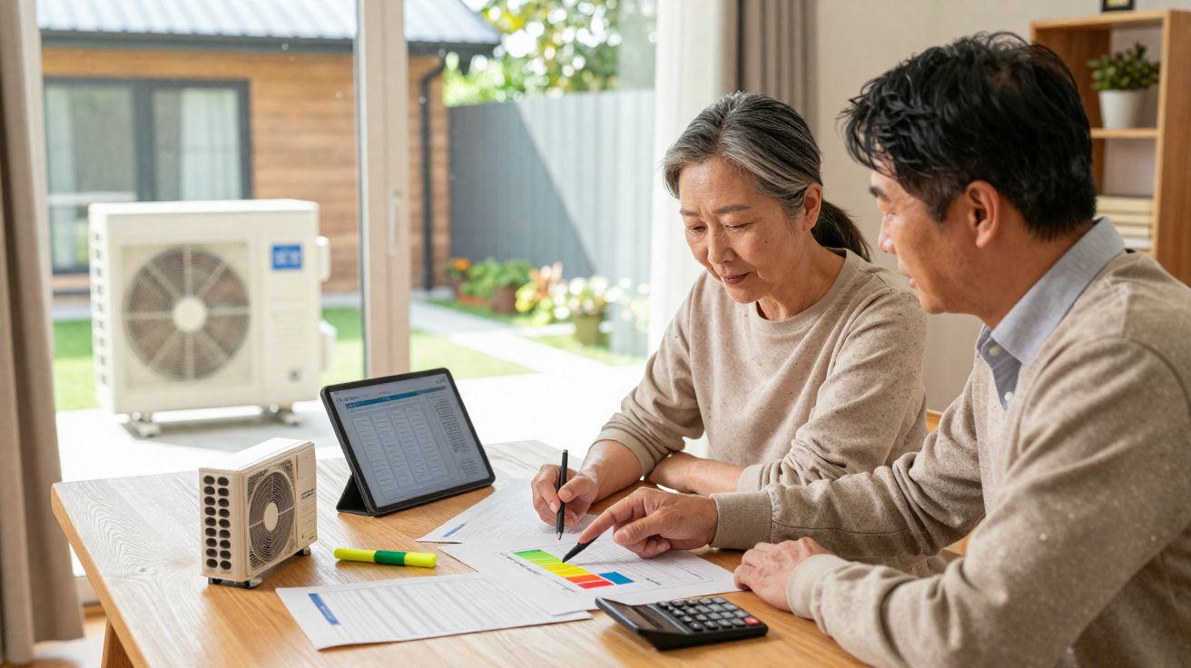 Casal asiático a analisar gráficos financeiros numa mesa com calculadora e tablet, perto de janela com vista para jardim.