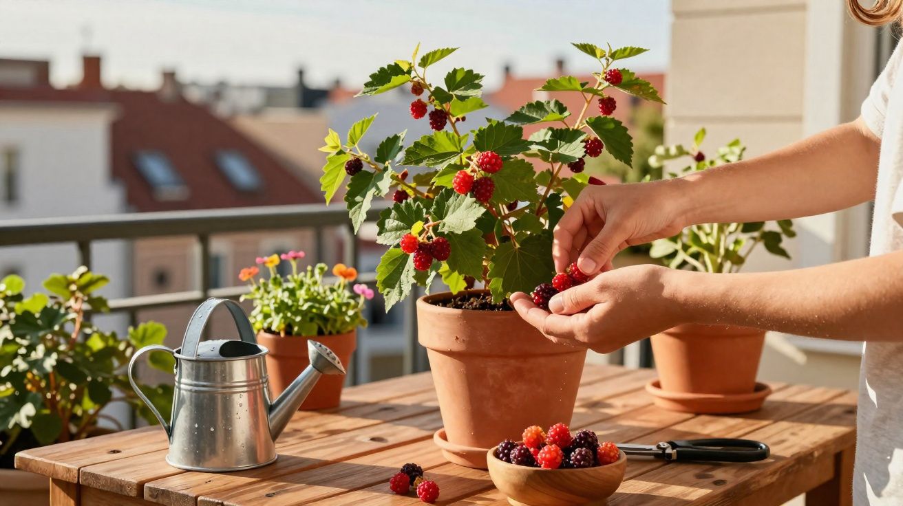Mãos colhendo amoras vermelhas de vaso numa varanda com várias plantas e regador metálico numa mesa de madeira.