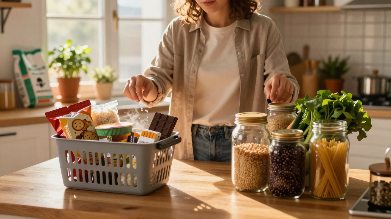 Pessoa a preparar ingredientes na cozinha, com cesta de compras e frascos de alimentos sobre a mesa.
