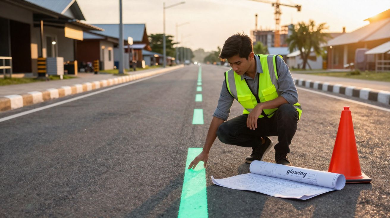 Homem com colete refletor verifica traço luminoso numa estrada perto de cone e plantas arquitetónicas ao amanhecer.