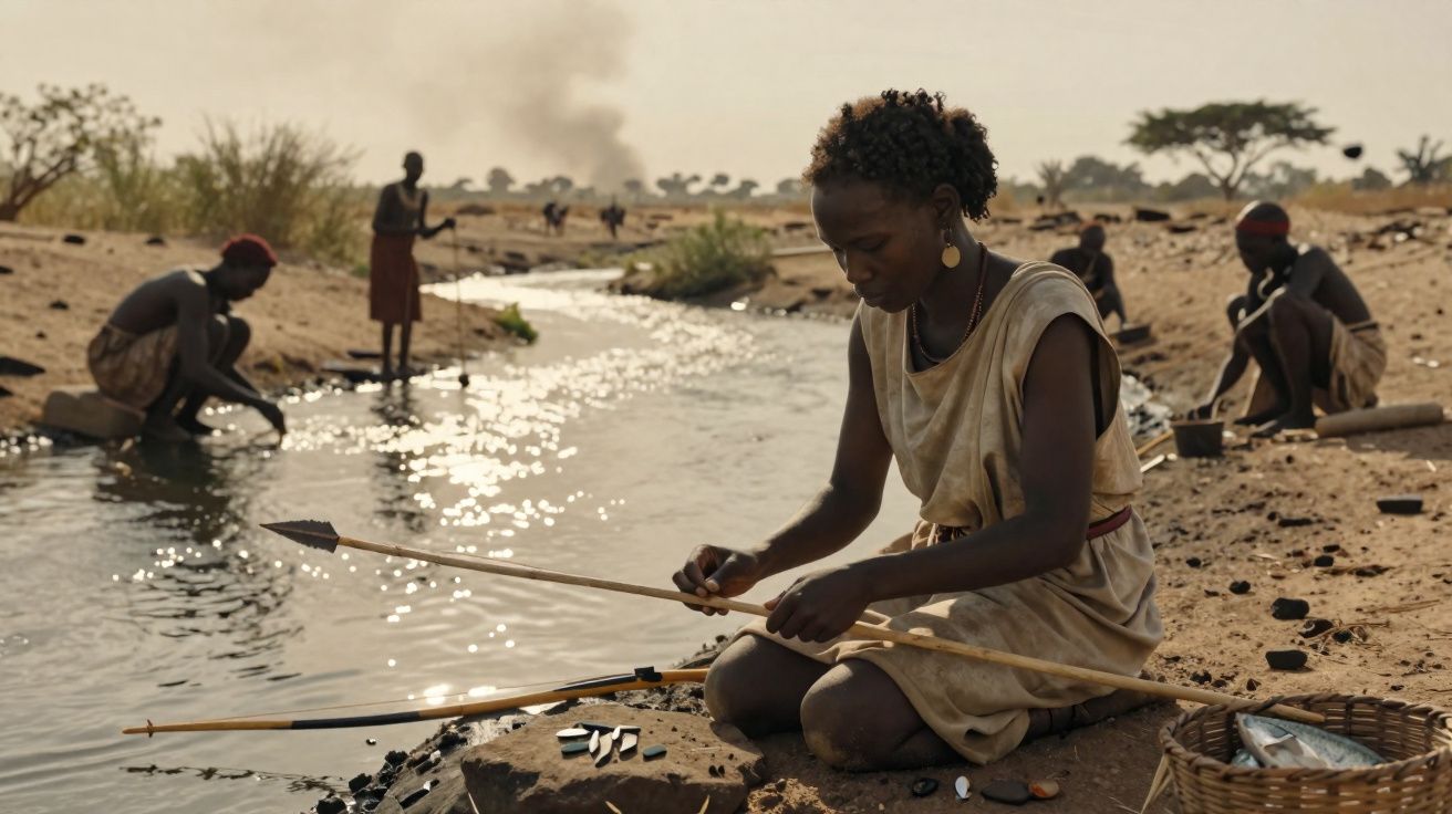 Mulher sentada junto a rio prepara dardos, outras pessoas lavam-se e trabalham à beira da água num ambiente rural.