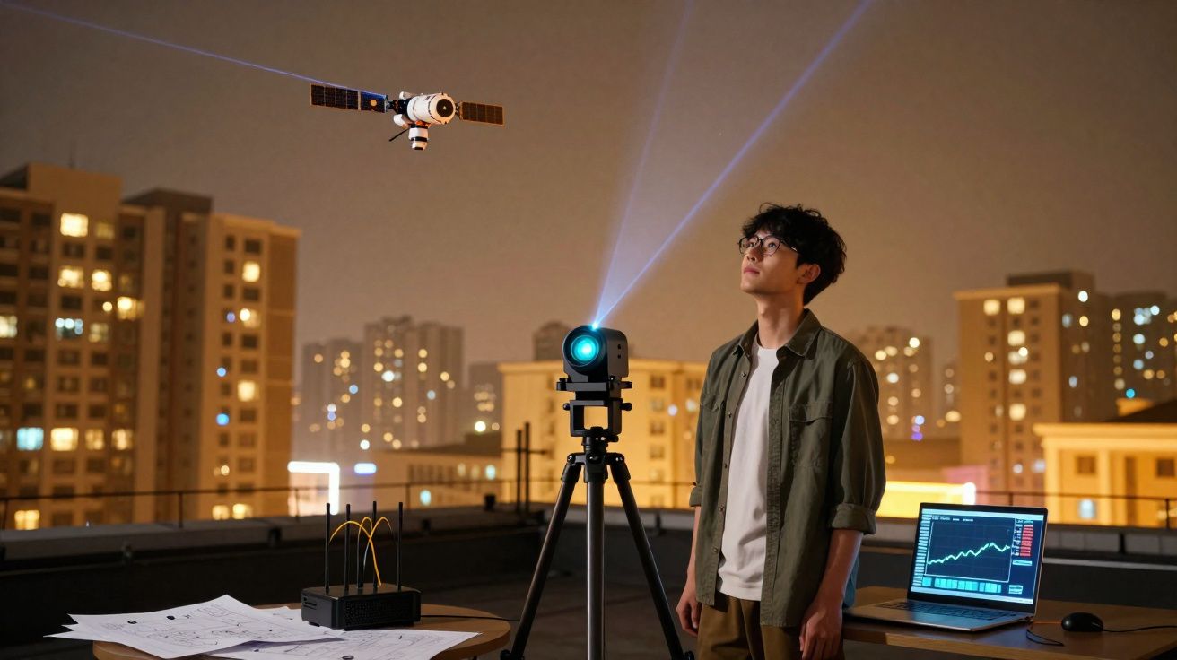 Jovem observador usa equipamento de astronomia na cidade à noite com gráficos no computador portátil.