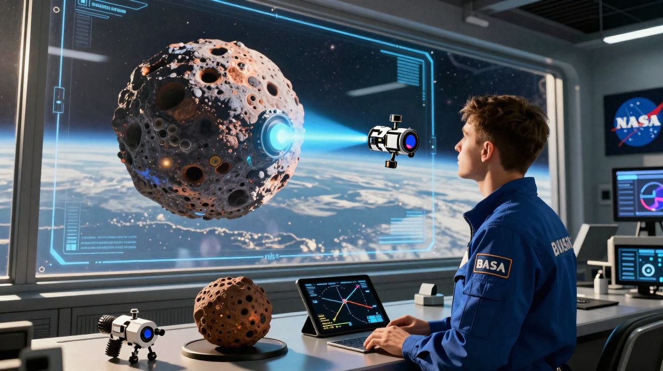 Homem em farda azul observa simulação interativa de asteroide e satélites numa sala de controlo espacial.