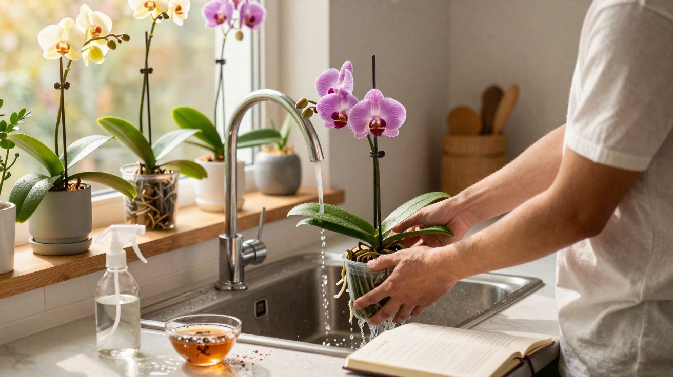 Pessoa a regar orquídeas à janela da cozinha com pia, livro aberto e frasco de spray na bancada.