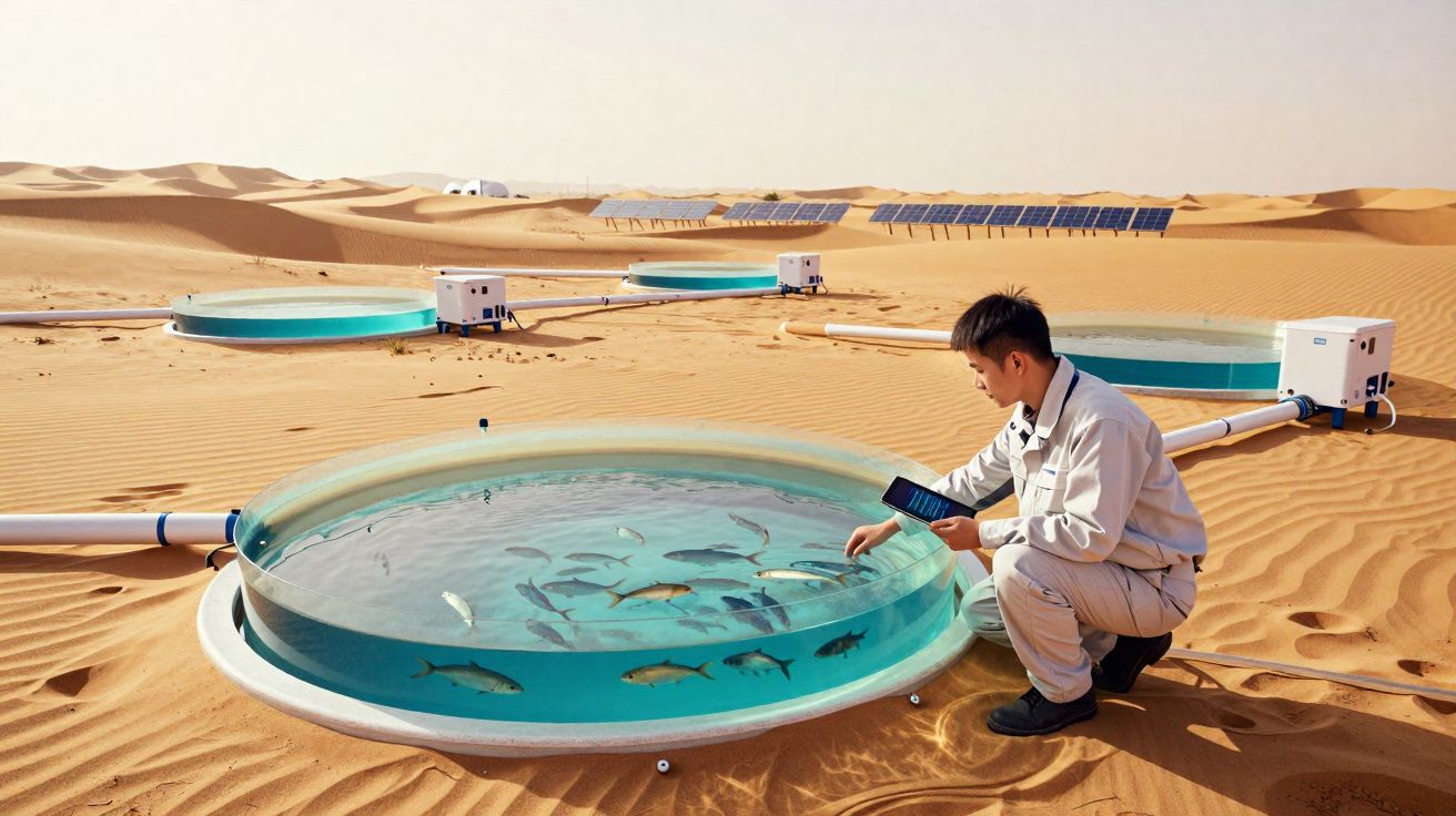 Homem a monitorizar tanques redondos de aquicultura no deserto com painéis solares ao fundo.