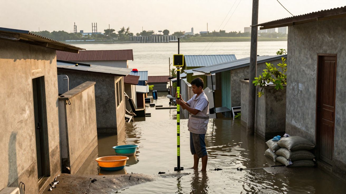 Homem a medir nível de água durante inundação em zona residencial junto a rio.