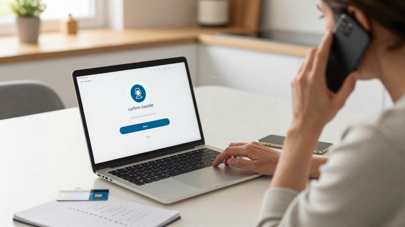 Pessoa a confirmar transferência bancária num portátil enquanto fala ao telemóvel numa mesa branca.