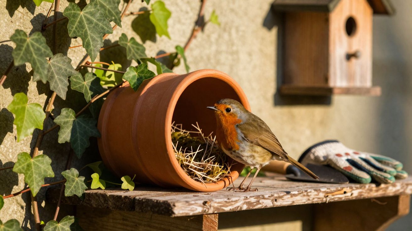 Pássaro vermelho com peito laranja pousado numa mesa de madeira junto a vaso de barro e luvas.