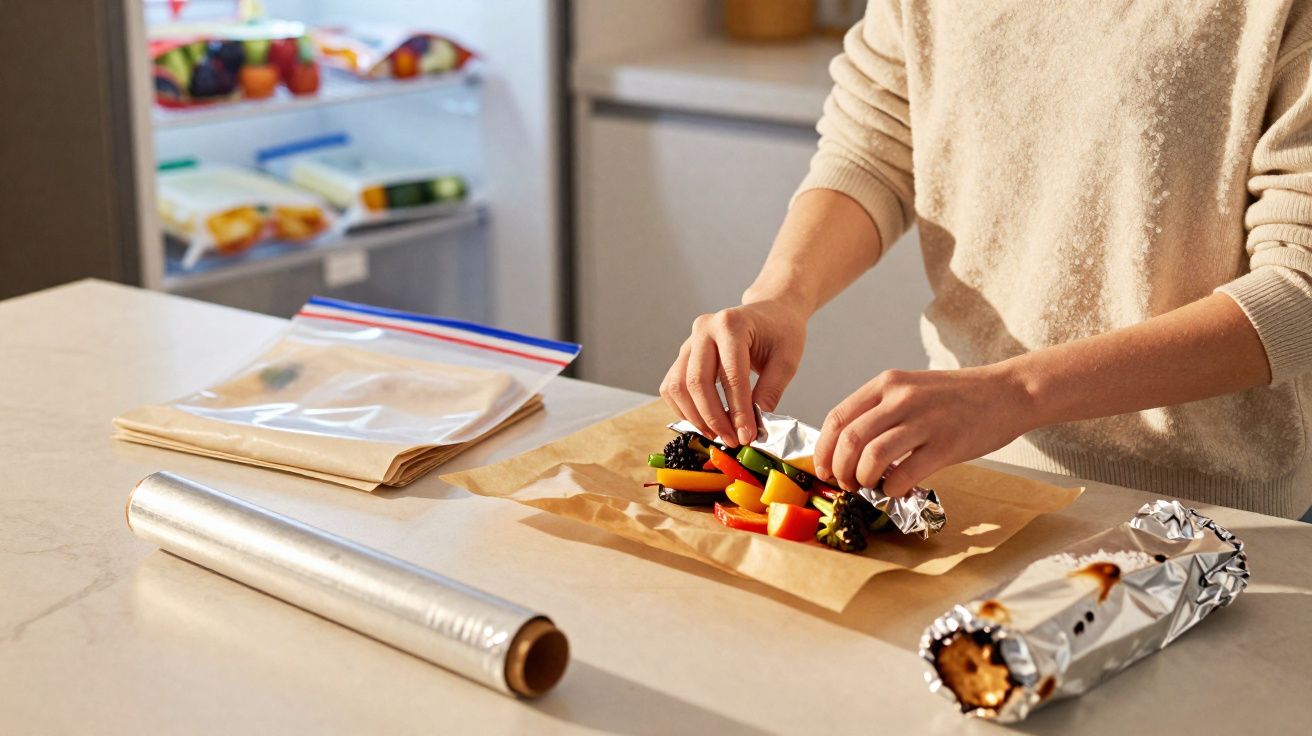 Pessoa a enrolar legumes em papel de alumínio numa cozinha com frigorífico aberto ao fundo.
