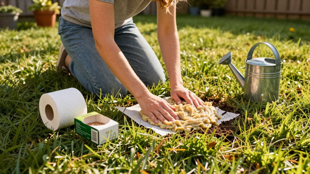 Pessoa a preparar composto orgânico para compostagem no jardim, com regador e papel vegetal ao lado.