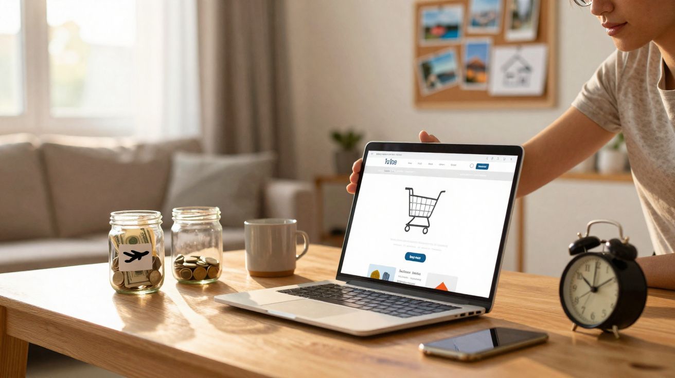 Pessoa a usar computador portátil numa mesa com cofrinhos, chávena, smartphone e relógio despertador.