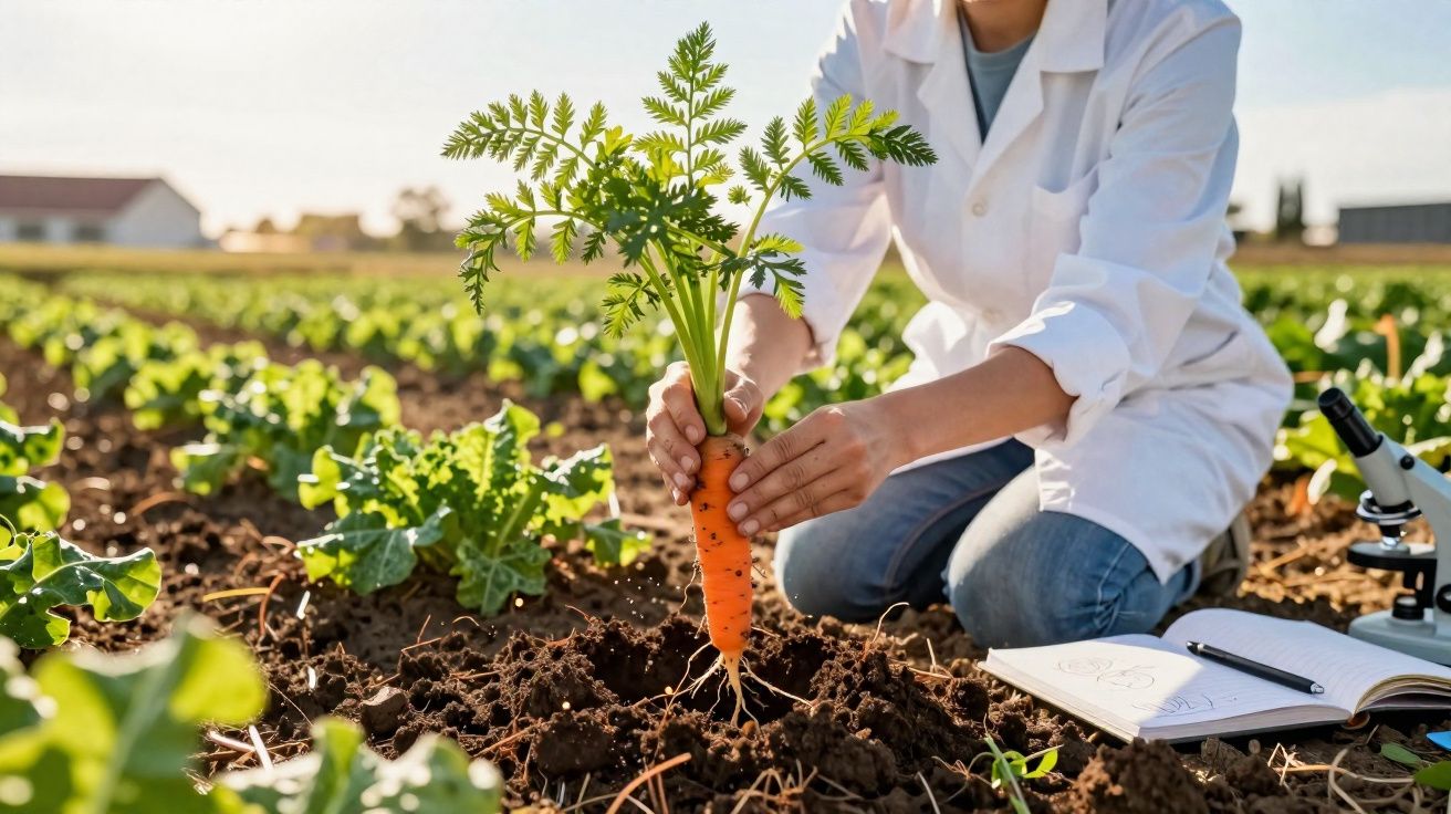 Pessoa a colher cenoura numa horta com bloco de notas e microscópio ao lado durante dia ensolarado.
