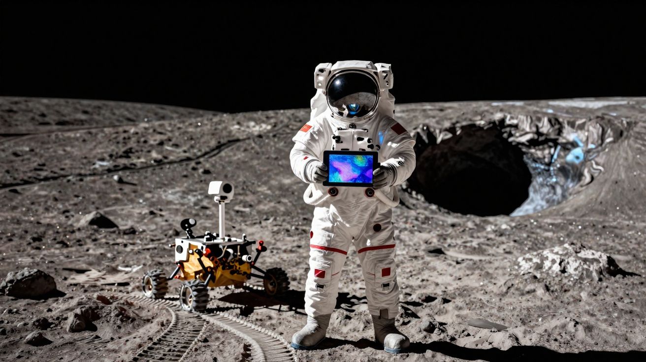 Astronauta em fato espacial na superfície lunar com rover e crateras ao fundo.