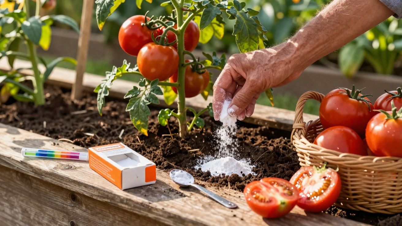 Mão a aplicar bicarbonato de sódio no solo junto a uma planta de tomateira com tomates maduros, cesta com tomates.