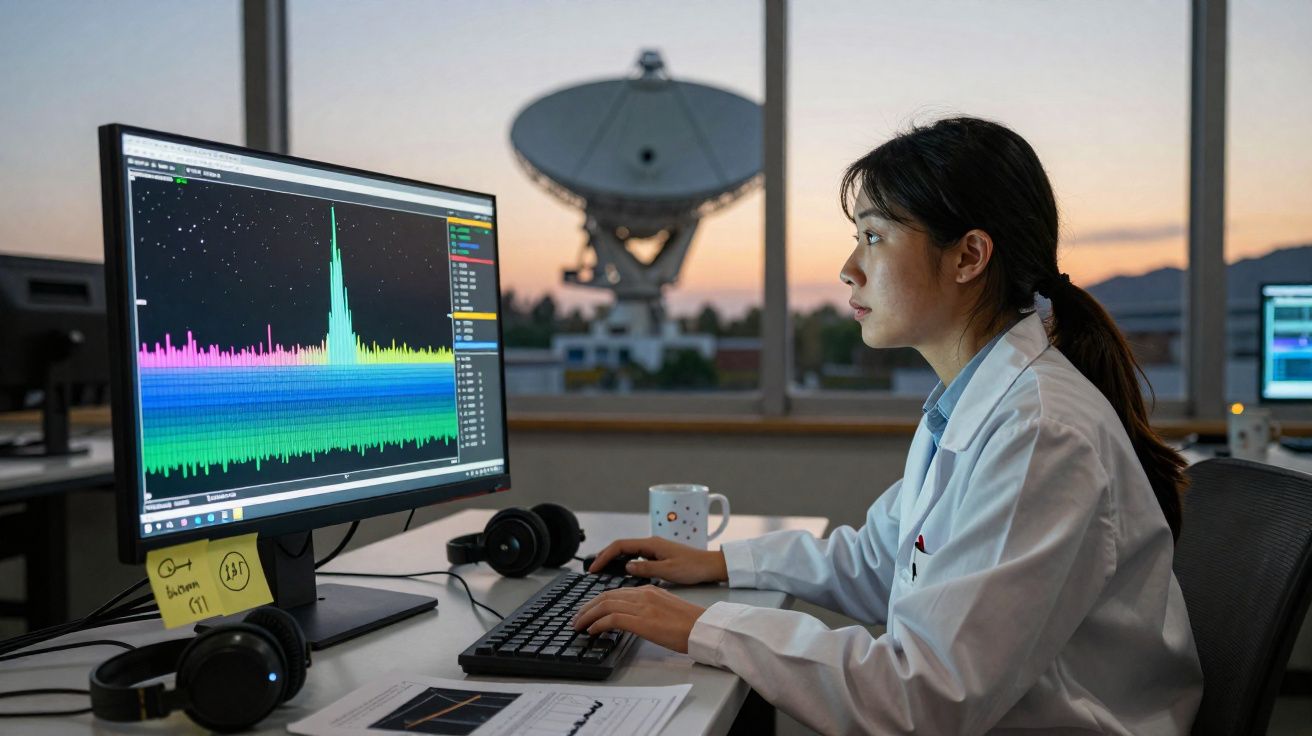Mulher cientista em bata branca analisando gráficos coloridos num ecrã, com rádio-telescópio ao fundo ao pôr do sol.
