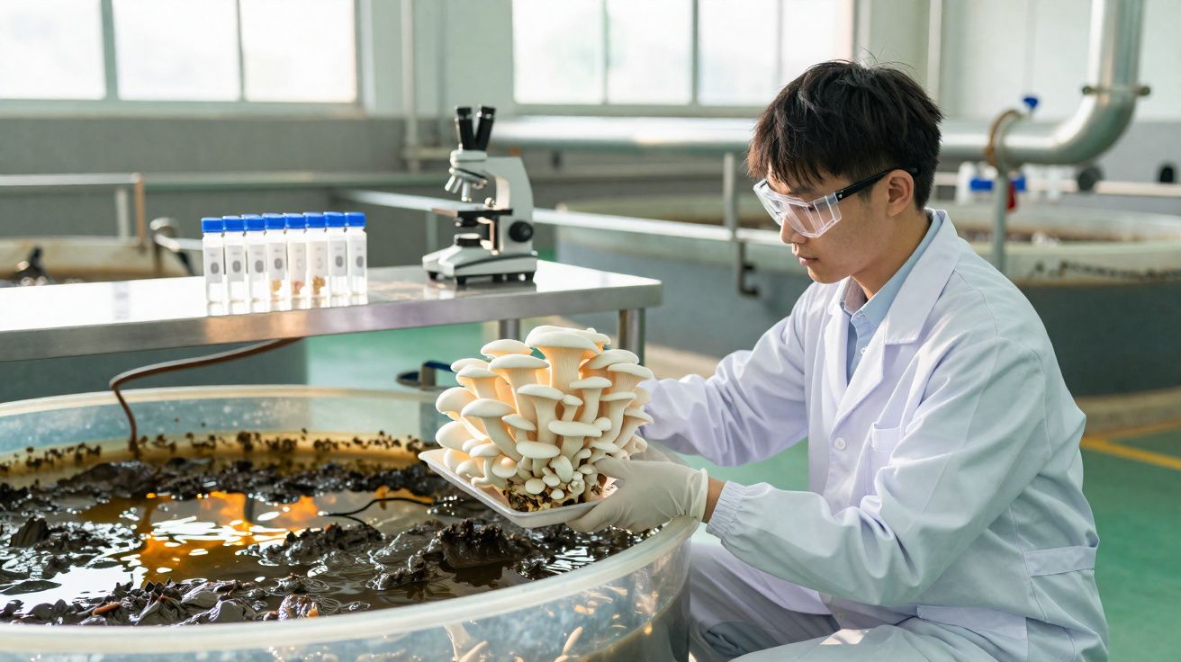 Cientista em laboratório manuseia cogumelos brancos cultivados em tanque com equipamento científico ao fundo.