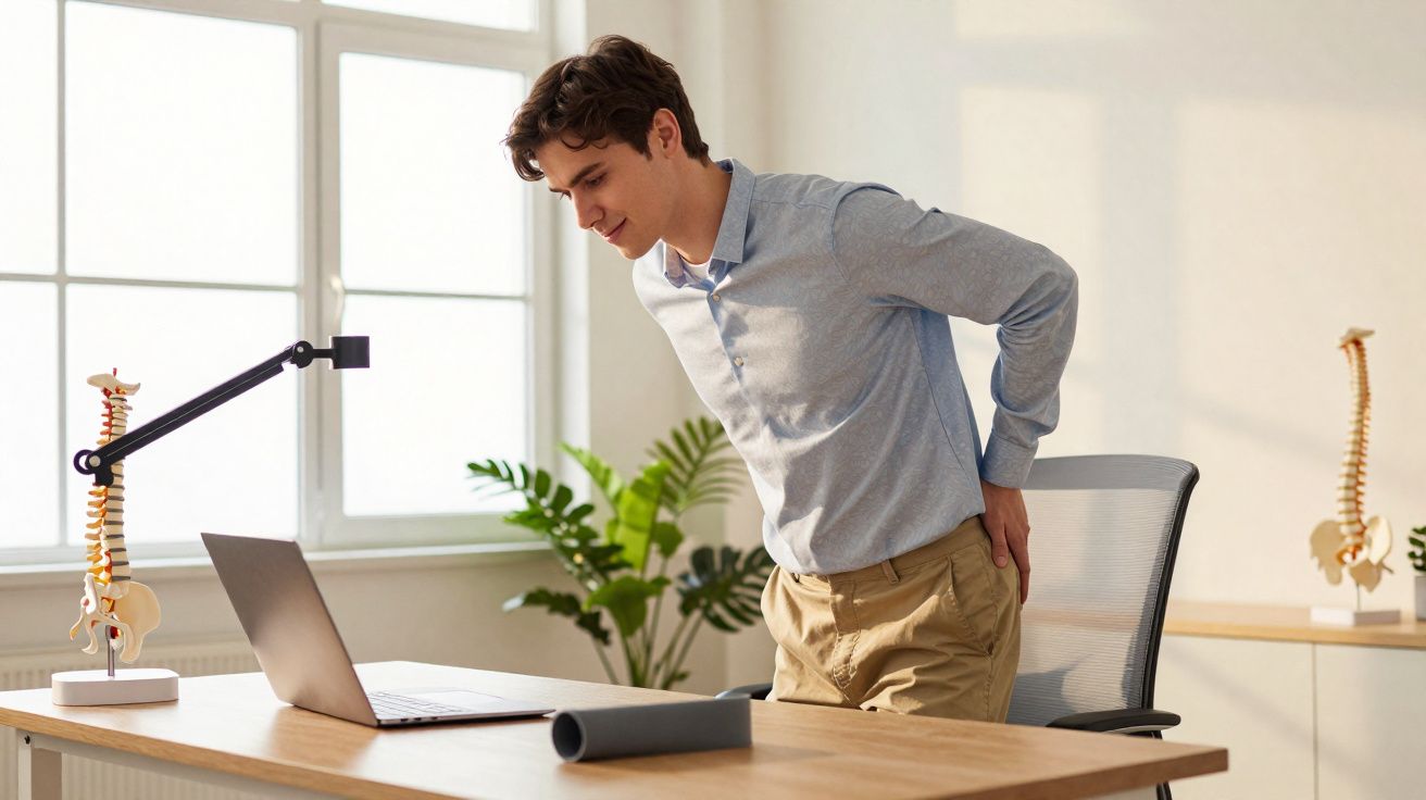 Homem jovem com dor nas costas a trabalhar de pé num escritório com portátil e modelos da coluna vertebral.