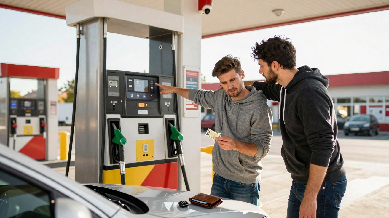 Dois homens junto a bomba de combustível numa estação de serviço, um segura dinheiro e o outro aponta para o ecrã.