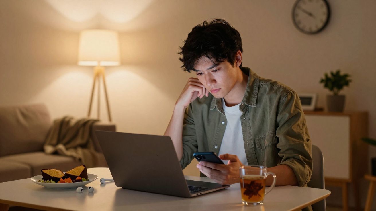 Jovem sentado à mesa com computador portátil, a olhar para o telemóvel num ambiente confortável e iluminado.