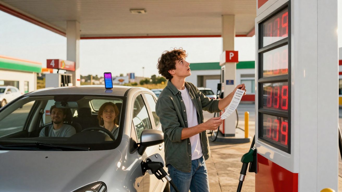 Jovem consulta preço na bomba de gasolina enquanto amigos esperam dentro do carro numa estação de serviço.